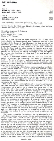 Sven Grünberg : OM (LP, Album, Whi)