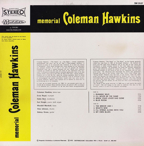 Coleman Hawkins : Memorial (LP, RE)