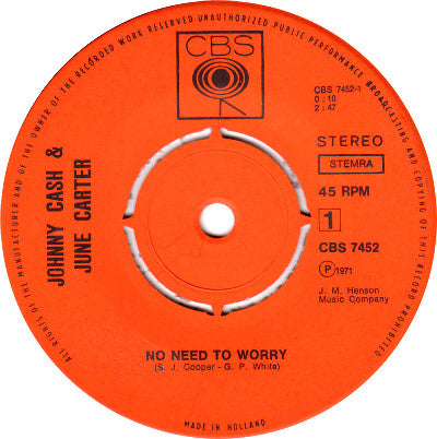 Johnny Cash & June Carter : No Need To Worry (7", Single)