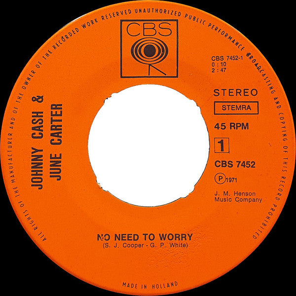 Johnny Cash & June Carter : No Need To Worry (7", Single)