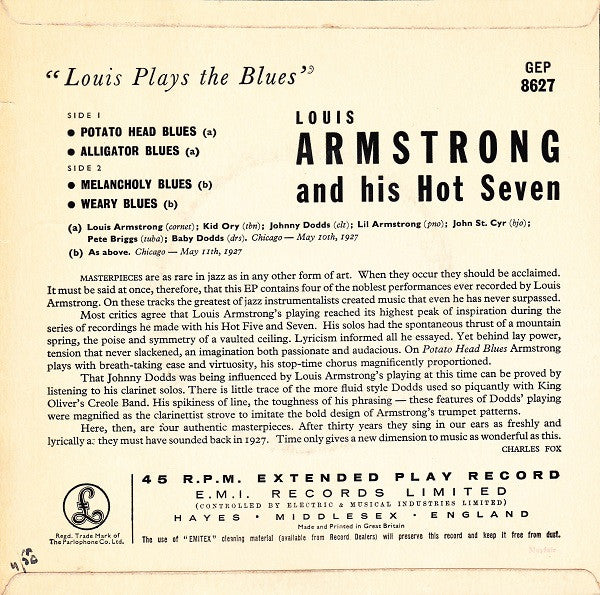 Louis Armstrong & His Hot Seven : Louis Plays The Blues (7", EP)