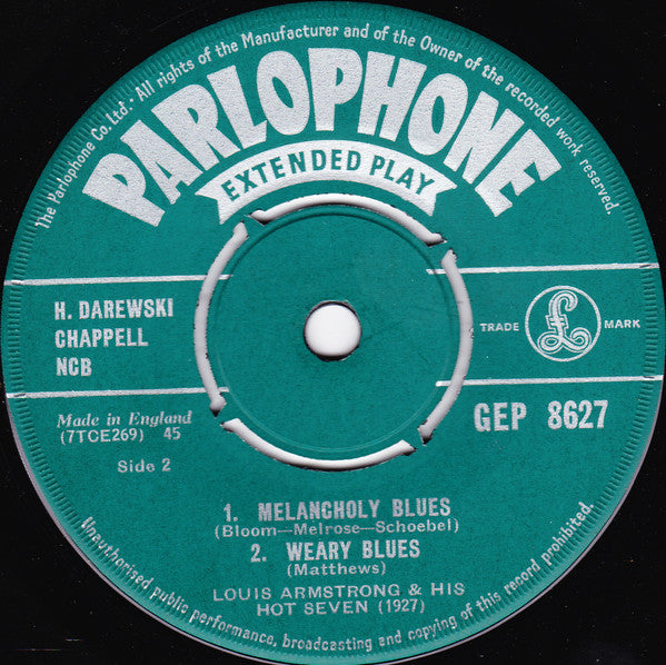 Louis Armstrong & His Hot Seven : Louis Plays The Blues (7", EP)