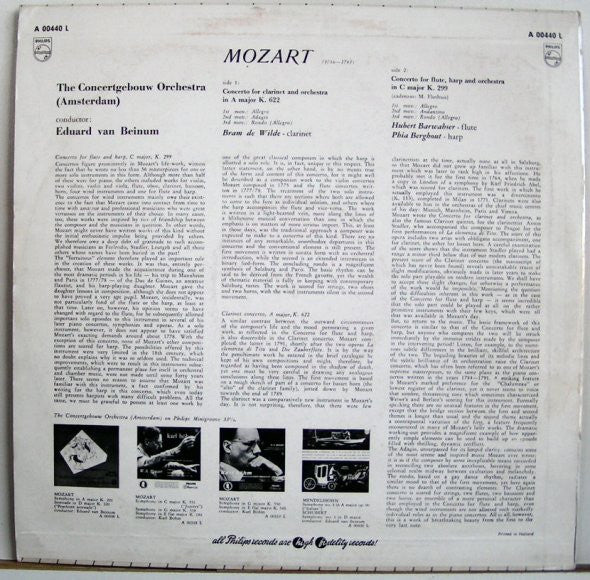 Wolfgang Amadeus Mozart / Concertgebouworkest, Hubert Barwahser, Phia Berghout, Bram De Wilde, Eduard van Beinum : Concerto For Flute, Harp & Orchestra K.299 / Concerto For Clarinet & Orchestra K.622  (LP, Mono)