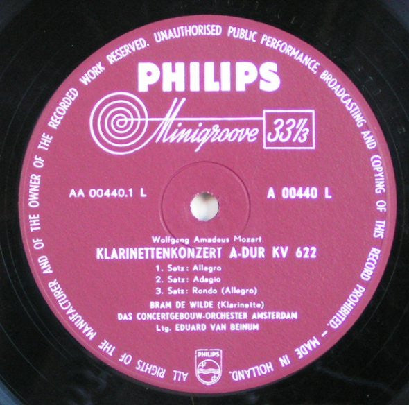 Wolfgang Amadeus Mozart / Concertgebouworkest, Hubert Barwahser, Phia Berghout, Bram De Wilde, Eduard van Beinum : Concerto For Flute, Harp & Orchestra K.299 / Concerto For Clarinet & Orchestra K.622  (LP, Mono)