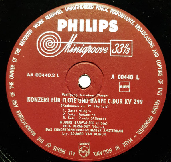 Wolfgang Amadeus Mozart / Concertgebouworkest, Hubert Barwahser, Phia Berghout, Bram De Wilde, Eduard van Beinum : Concerto For Flute, Harp & Orchestra K.299 / Concerto For Clarinet & Orchestra K.622  (LP, Mono)