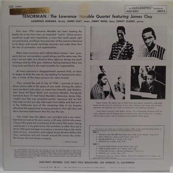The Lawrence Marable Quartet Featuring James Clay : Tenorman (LP, Album, Mono, RE)