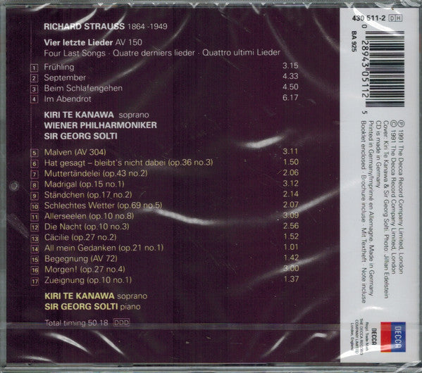 Richard Strauss - Kiri Te Kanawa, Wiener Philharmoniker, Georg Solti : Four Last Songs / Thirteen Songs With Piano Accompaniment (CD, Album)