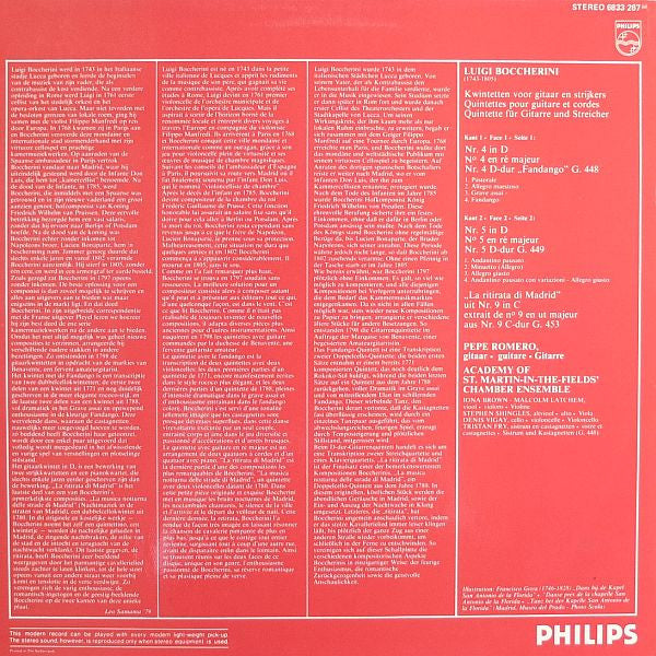 Luigi Boccherini - Pepe Romero & Academy Of St. Martin-in-the-Fields Chamber Ensemble : The Famous Fandango / Guitar Quintets Nos.4 And 5 / "La Ritirata Di Madrid"  (LP, Comp, S/Edition)