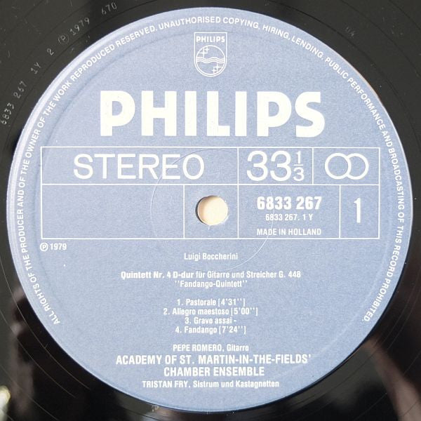 Luigi Boccherini - Pepe Romero & Academy Of St. Martin-in-the-Fields Chamber Ensemble : The Famous Fandango / Guitar Quintets Nos.4 And 5 / "La Ritirata Di Madrid"  (LP, Comp, S/Edition)