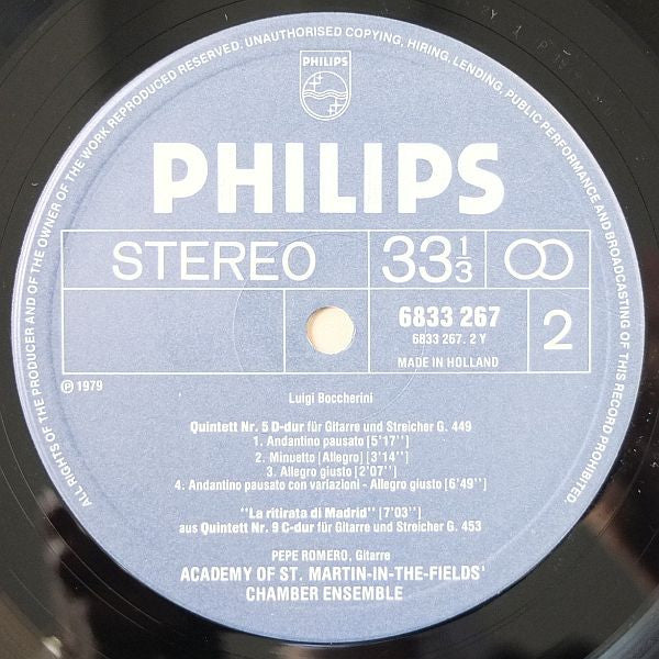 Luigi Boccherini - Pepe Romero & Academy Of St. Martin-in-the-Fields Chamber Ensemble : The Famous Fandango / Guitar Quintets Nos.4 And 5 / "La Ritirata Di Madrid"  (LP, Comp, S/Edition)