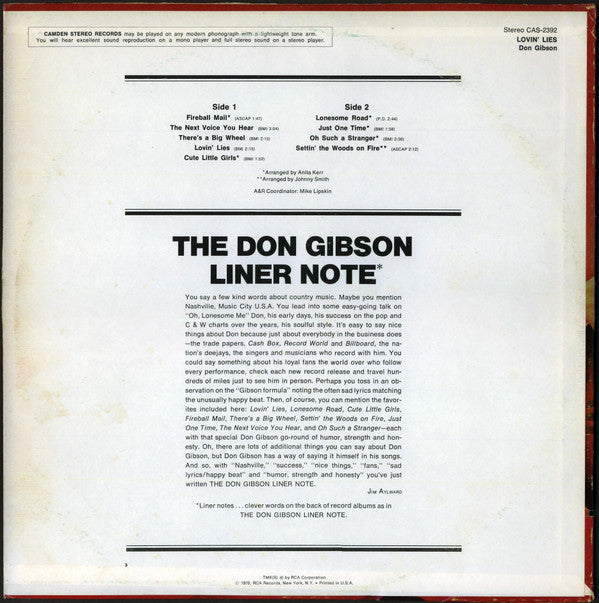 Don Gibson : Lovin' Lies (LP, Album, Hol)