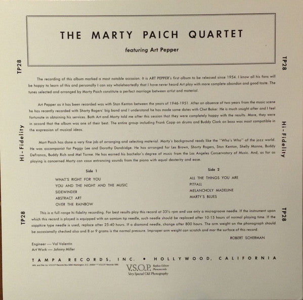 The Marty Paich Quartet Featuring Art Pepper : Marty Paich Quartet (LP, Album, Mono, RE)