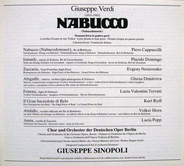 Giuseppe Verdi / Piero Cappuccilli, Placido Domingo, Evgeny Nesterenko, Ghena Dimitrova, Lucia Valentini Terrani, Chor* & Orchester Der Deutschen Oper Berlin, Giuseppe Sinopoli : Nabucco (2xCD, Album, RE + Box, Sli)