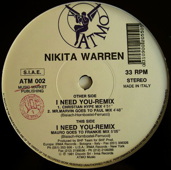 Nikita Warren : I Need You (Remix) (12")