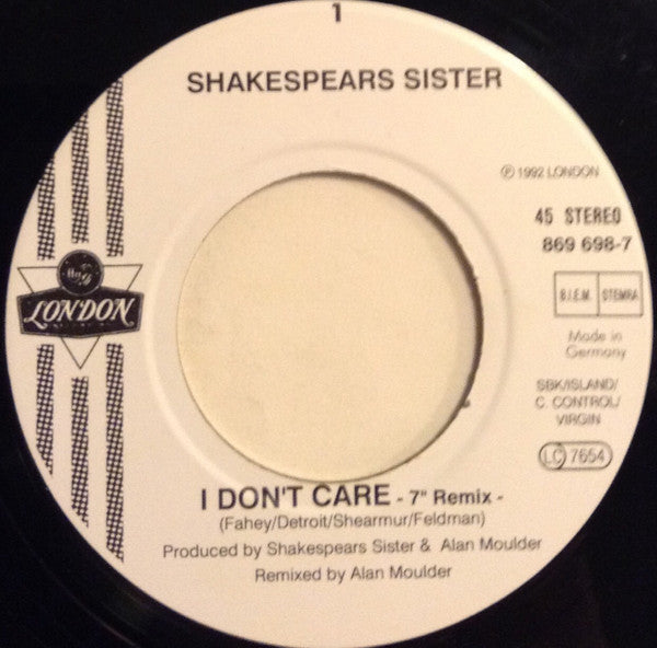 Shakespear's Sister : I Don't Care (7", Single)