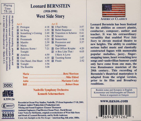 Leonard Bernstein, Betsi Morrison • Michael Eldred • Marianne Cooke • Robert Dean (3) • Nashville Symphony Orchestra • Kenneth Schermerhorn : West Side Story (CD, Album)