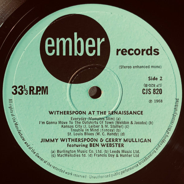 Jimmy Witherspoon With Gerry Mulligan And Ben Webster With Mel Lewis, Leroy Vinnegar, Jimmy Rowles : At The Renaissance (Sings The Blues) (LP, Album, RE, Enh)