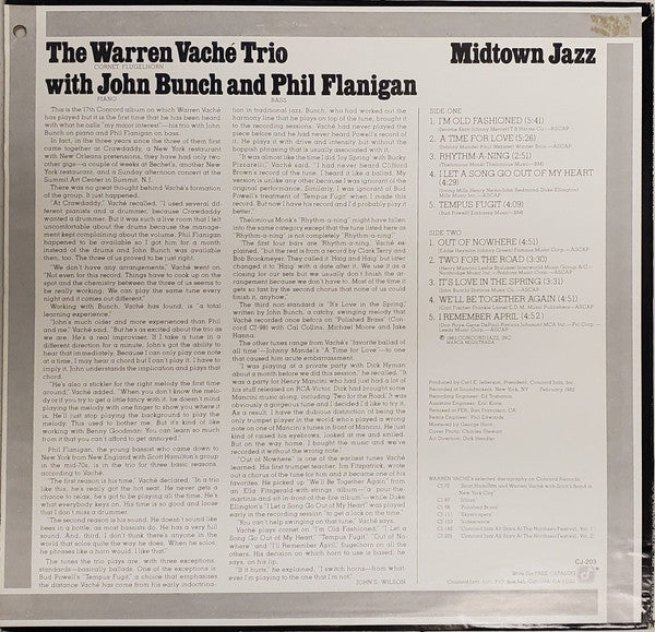 The Warren Vaché Trio With John Bunch And Phil Flanigan : Midtown Jazz (LP, Album)