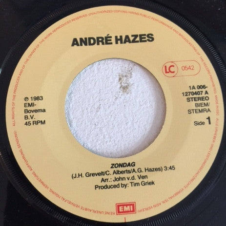 André Hazes : Zondag (7", Single)