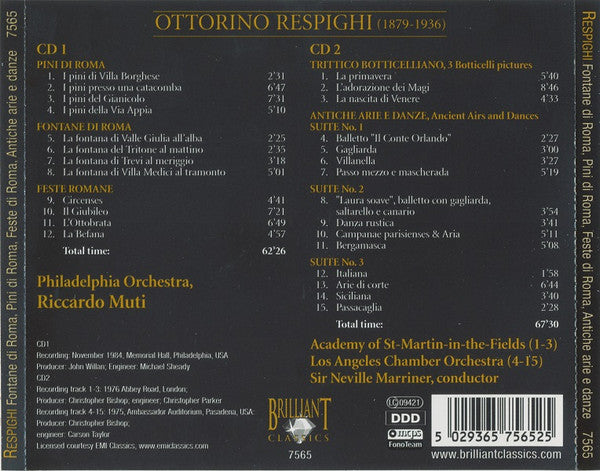 Ottorino Respighi : Fontane Di Roma, Pini Di Roma, Feste Di Roma, Antiche Arie E Danze (2xCD, Comp)