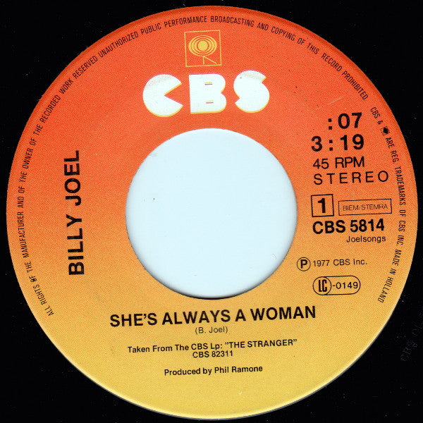 Billy Joel : She's Always A Woman (7", Single)