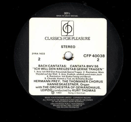Hermann Prey, The Thomaner Chorus* / The Orchestra Of The Gewandhaus Leipzig* / Kurt Thomas : Bach Cantatas BWV 82 Ich Habe Genug / BWV 56 Ich Will Den Kreuzstab Gerne Tragen (LP, Album, RE)