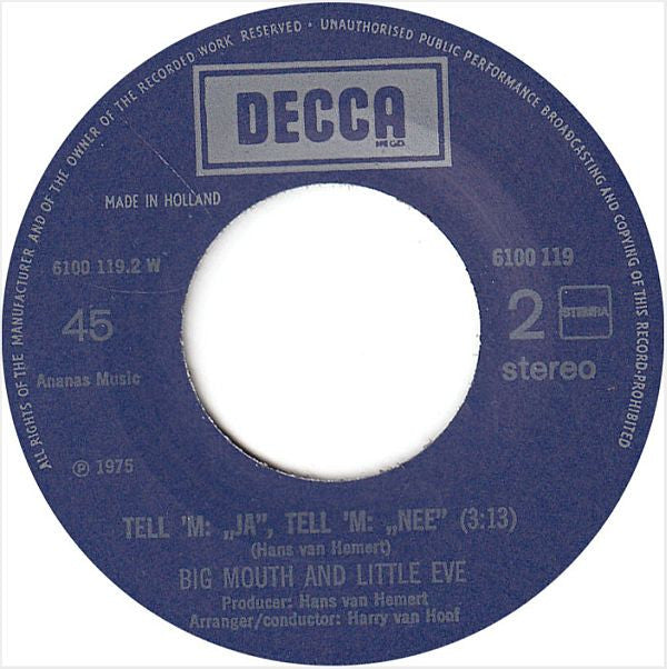 Big Mouth & Little Eve : Yo-De-Lay-Dee (7", Single)