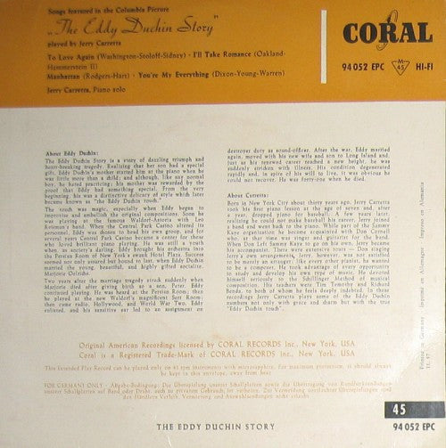 Jerry Carretta : The Eddy Duchin Story (7", EP, Mono)