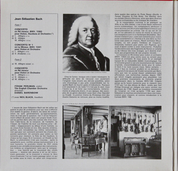 Johann Sebastian Bach - Itzhak Perlman, English Chamber Orchestra, Daniel Barenboim : Concertos Pour Violon, 2° Disque (LP)