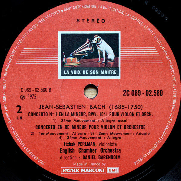 Johann Sebastian Bach - Itzhak Perlman, English Chamber Orchestra, Daniel Barenboim : Concertos Pour Violon, 2° Disque (LP)