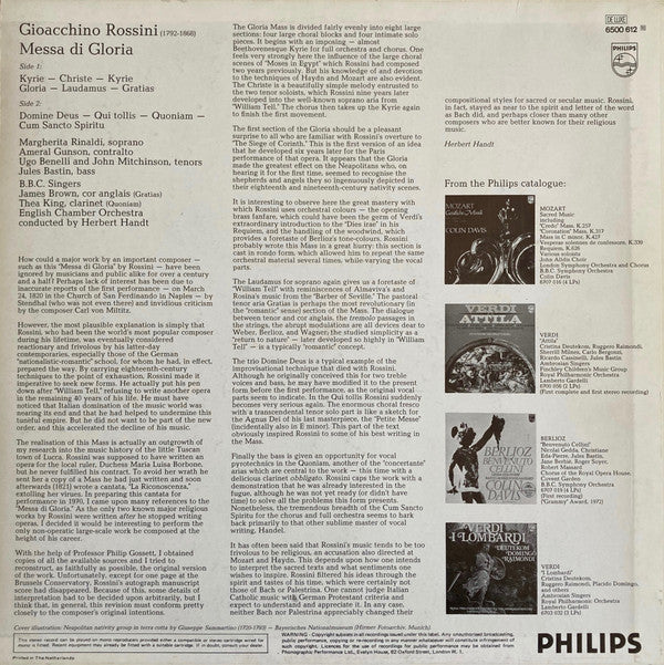 Gioacchino Rossini - Margherita Rinaldi, Ugo Benelli, John Mitchinson, Jules Bastin, Herbert Handt, English Chamber Orchestra, BBC Singers : Messa Di Gloria (LP)