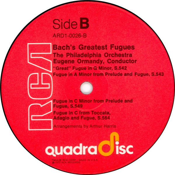 Johann Sebastian Bach, Eugene Ormandy, The Philadelphia Orchestra : Bach's Greatest Fugues Scored For Double Orchestra (LP, Quad)
