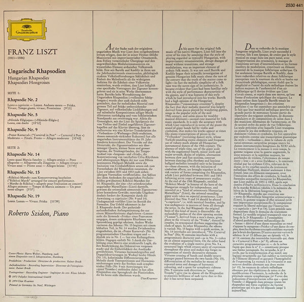 Franz Liszt, Roberto Szidon : Ungarische Rhapsodien = Hungarian Rhapsodies (LP, Album)