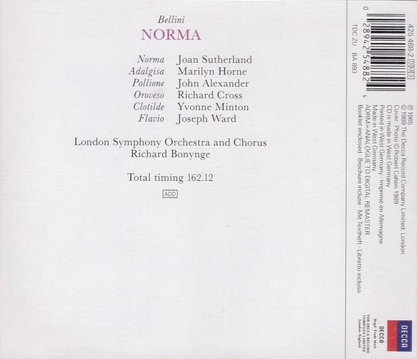 Vincenzo Bellini / Joan Sutherland, Marilyn Horne, John Alexander (7), Richard Cross, London Symphony Orchestra, Richard Bonynge : Norma (3xCD, Album, RE, RM + Box)