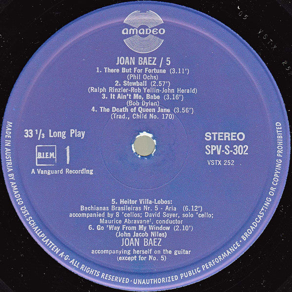 Joan Baez : 5 (LP, Album, Blu)