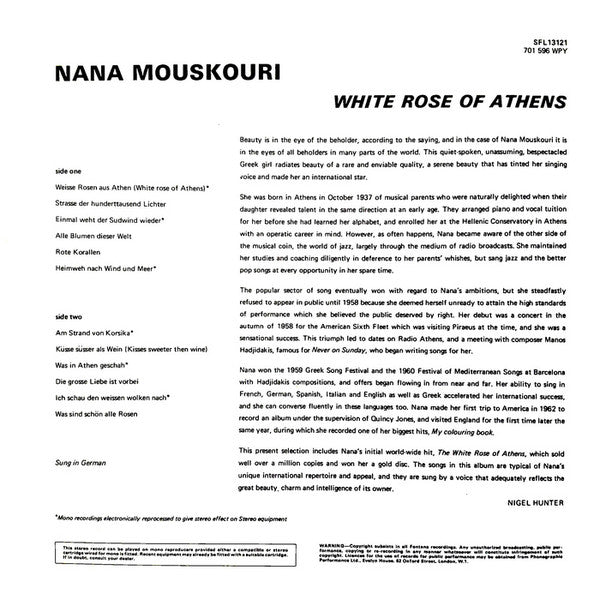 Nana Mouskouri : White Rose Of Athens (Sung In German) (LP, Comp, RE)