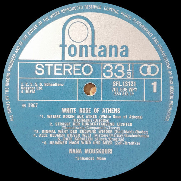 Nana Mouskouri : White Rose Of Athens (Sung In German) (LP, Comp, RE)