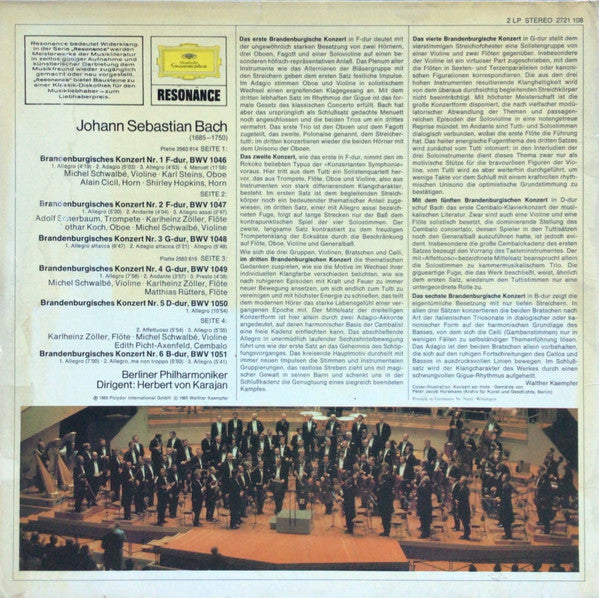 Johann Sebastian Bach . Herbert von Karajan . Berliner Philharmoniker : Brandenburgische Konzerte Nr. 1-6 / Brandenburg Concertos / Les Concertos Brandebourgeois (2xLP, RE)
