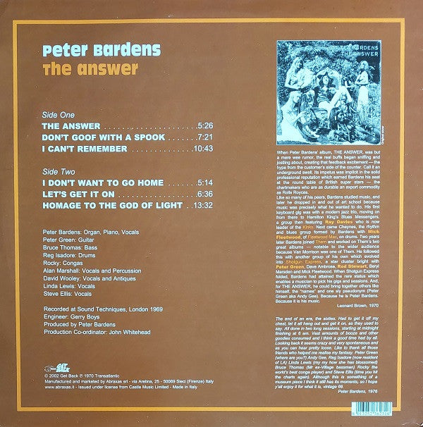 Peter Bardens : The Answer (LP, Album, Ltd, RE, 180)