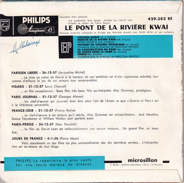 Malcolm Arnold Avec Mitch Miller Et Son Orchestre* : Bande Originale Du Film : Le Pont De La Rivière Kwaï (7", EP)