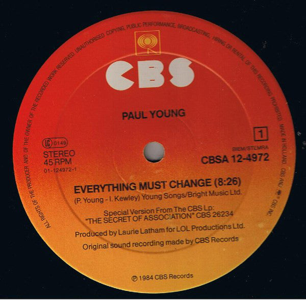 Paul Young : Everything Must Change (Special Extended Mix) (12", Maxi)