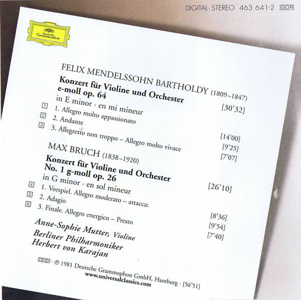 Felix Mendelssohn-Bartholdy · Max Bruch / Anne-Sophie Mutter, Berliner Philharmoniker · Herbert von Karajan : Violinkonzerte = Violin Concertos (CD, Album, RE, RM)