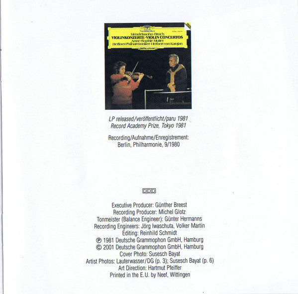Felix Mendelssohn-Bartholdy · Max Bruch / Anne-Sophie Mutter, Berliner Philharmoniker · Herbert von Karajan : Violinkonzerte = Violin Concertos (CD, Album, RE, RM)
