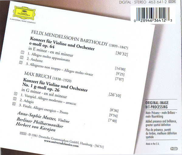 Felix Mendelssohn-Bartholdy · Max Bruch / Anne-Sophie Mutter, Berliner Philharmoniker · Herbert von Karajan : Violinkonzerte = Violin Concertos (CD, Album, RE, RM)