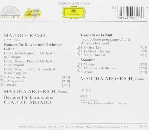 Maurice Ravel - Martha Argerich, Berliner Philharmoniker, Claudio Abbado : Klavierkonzert G-Dur · Gaspar De La Nuit · Sonatine  (CD, Comp, RE, RM)