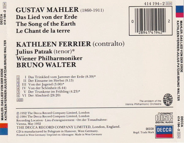 Gustav Mahler – Kathleen Ferrier, Julius Patzak, Wiener Philharmoniker, Bruno Walter : Das Lied Von Der Erde (CD, Mono)