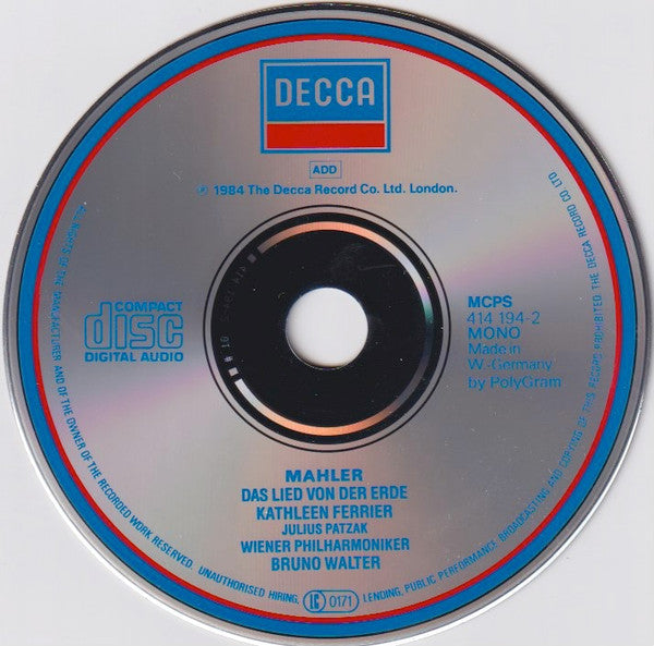 Gustav Mahler – Kathleen Ferrier, Julius Patzak, Wiener Philharmoniker, Bruno Walter : Das Lied Von Der Erde (CD, Mono)