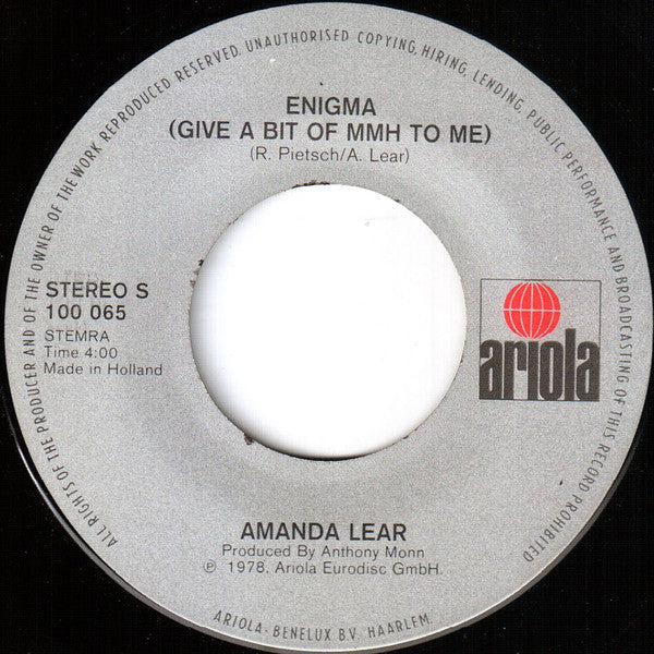 Amanda Lear : Enigma (Give A Bit Of Mmh To Me) (7", Single, Pap)