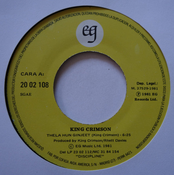 King Crimson : Thela Hun Ginjeet / Elephant Talk (7", Single)