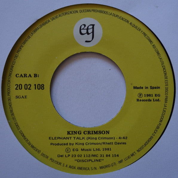 King Crimson : Thela Hun Ginjeet / Elephant Talk (7", Single)
